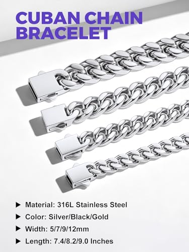 Richsteel Gold/Black/Silver Cuban Link Bracelet for Men,5/7/9/12MM Width | 316L Stainless Steel Chain Wrist Bracelet, Waterproof, No Tarnish, Hypoallergenic Hip Hop Jewelry, with Gift Box - color: 01-Stainless Steel 9mm Width