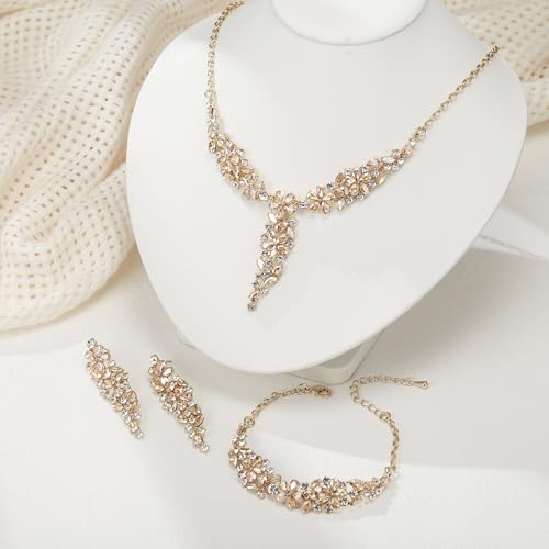 EleQueen Statement Sparkle Crystal Necklace Bracelet Dangle Earrings Set for Women, Art Deco Prom Chandelier Jewelry for Wedding Bridal - color: Brown Gold-Plated-Base