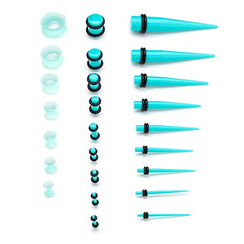 50-Piece Ear Gauges Stretching Kit, 14G-00G | Acrylic tapers and plugs with soft silicone tunnels, body piercing jewelry for women and men - color: Turquoise