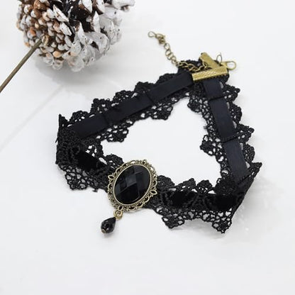 AILUOR Punk Rock Wedding Party Handmade Black Lace Choker, Gothic Retro Lolita Beads Chain Vampire Pendant Necklace for Women Halloween - color: Black