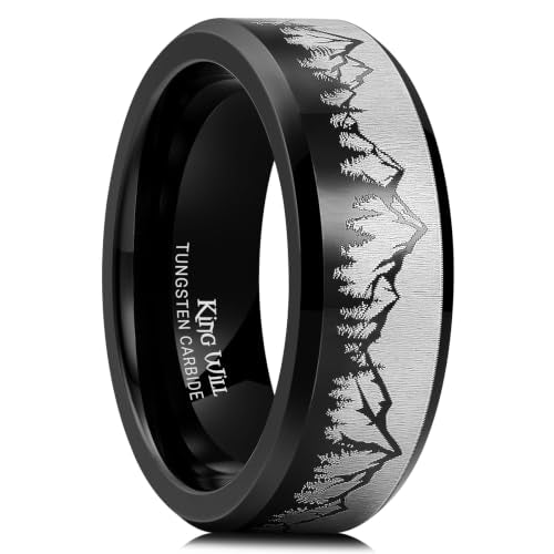 King Will Mens 6mm 8mm Tungsten Carbide Wedding Bands Inlay Lasered Brushed Wedding Rings for Men Women | Brushed, Lasered Seagull/Forest Landscap/Panda/Deer/Hunting/Fly Fishing, Comfort Fit, Everyday Wear - color: tree mountain