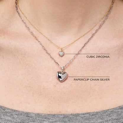 Ana Luisa Lev Puffy Heart Necklace for Women - Paperclip Chain w/ 14K Gold Plated & Silver Rhodium Plated Small Puffed Heart Pendant - Hypoallergenic, Water-Resistant, Tarnish-Free Jewelry - style: Cubic Zirconia