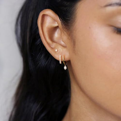 3 Pairs Earring Stacks, Gold Earring Set Jewelry Gift for Women | Small, 14K Gold/White Gold/Black/Rose Gold Plated, Hypoallergenic, Her, Everday, Stackable, Simple, 3 Holes - color: Gold-Pearl