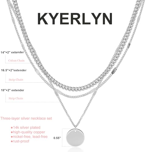 Layered Gold Silver Necklaces for Women, Stackable Stack 14K Real Gold Plated Silver Chain Necklace Diamond Circle CZ Layering Pendant Necklaces Trendy Gold Jewelry Set Gifts - color: silver, style: 3PC-Coin