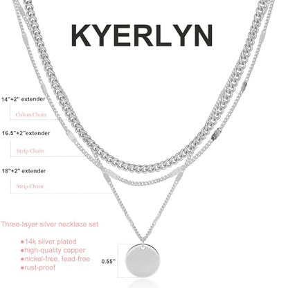 Layered Gold Silver Necklaces for Women, Stackable Stack 14K Real Gold Plated Silver Chain Necklace Diamond Circle CZ Layering Pendant Necklaces Trendy Gold Jewelry Set Gifts - color: silver, style: 3PC-Coin