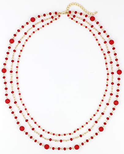 Firstmeet Long Chain Multi Layer Fashion Glass Beads Handmade Necklace for Women - color: Red-j
