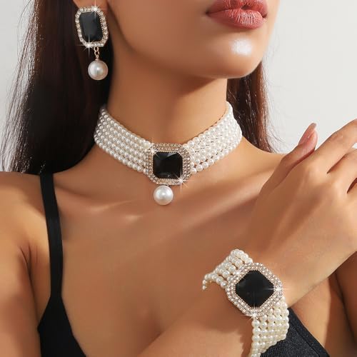 Fashion Bride Silver Black Green Bridal Layered Rhinestone Crystal 1920s Faux Pearls Necklace Earrings Bracelet Set Crystal Wedding Jewelry Set Rose Red Square Choker Necklace for Women - color: Black