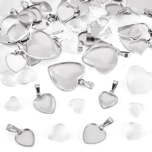 Craftdady Stainless Steel Pendant Cabochon Settings Heart Square Teardrop Flat Round Oval Rectangle Blank Bezel Trays Base Pendant with Glass Cabochons for DIY Earrings Necklace Jewelry - color: Stainless Steel Color Heart 3 Styles
