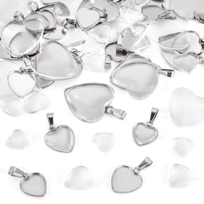 Craftdady Stainless Steel Pendant Cabochon Settings Heart Square Teardrop Flat Round Oval Rectangle Blank Bezel Trays Base Pendant with Glass Cabochons for DIY Earrings Necklace Jewelry - color: Stainless Steel Color Heart 3 Styles