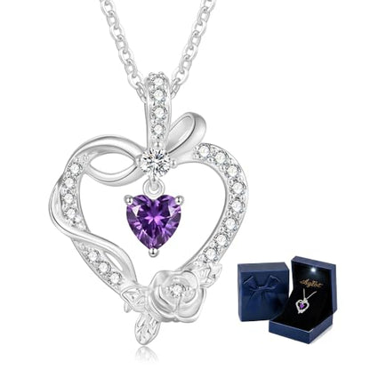 Heart Birthstone Necklace, LED Gift Box | Heart birthstone necklace with rose CZ pendant and LED gift box, ready-to-gift birthday gift for mom, wife, grandma, sister - color: White Gold 02-Feb Purple