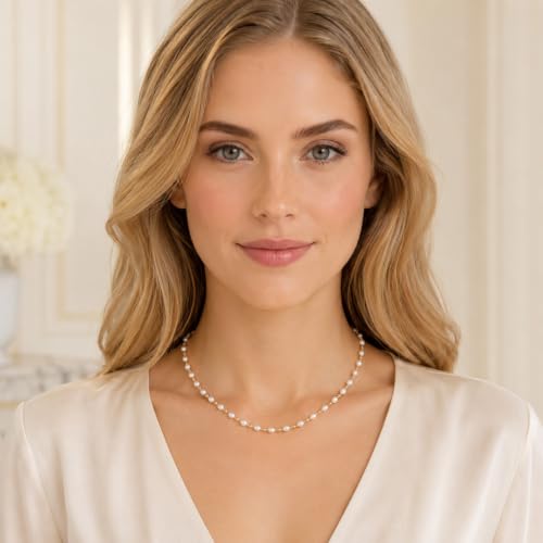 Pearl Necklaces for Women Trendy, Dainty Beaded Choker Necklace, 14K Gold Plated Station Chain, Simple Layering Wedding Prom Jewelry Gift - color: Gold Pearl Beaded Station