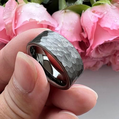 TUTISS 6mm 8mm Silver/Black/Gunmetal/Gold/Rose Gold Hammered Tungsten Rings for Men Women Couple Fashion Jewelry Engagement Wedding Bands Matte Finish Comfort Fit - color: 8mm Gunmetal Tungsten