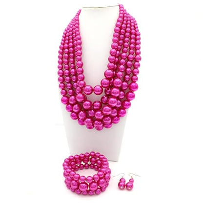 Faux Big Pearl Srand Necklaces for Women 5 Layers Pearls Choker Bib Collar Necklace Bracelet and Earrings set 1920s Costume Pearl Jewelry Bridal Wedding - color: fuchsia
