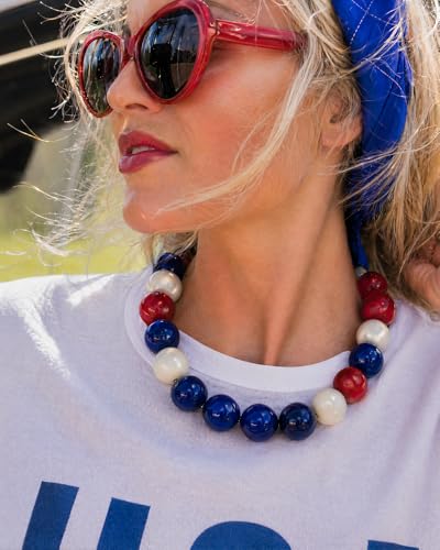 Chunky Beaded Choker Necklace for Women Boho Statement Necklace with Large Pearl Blue Brown Tone Resin Beads Summer Beach Jewelry Gifts - color: Red White Navy
