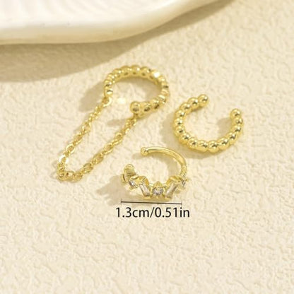 3Pcs Ear Cuffs Non Piercings for Women, Trendy Cubic Zirconia Gold Silver Clip On Cuff Earrings Set Jewelry Dainty Fake Cartilage Earring - color: Gold Chain2