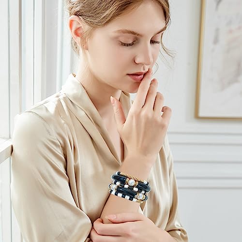GOOJIDS Simple Beaded Gold Plated Bangles Bracelet Chunky Bamboo Tube Curved Stacking Clear Acrylic Colorful Beads Stretchable Gold Plated Bracelets Set For Women - color: A-A2 Black Set