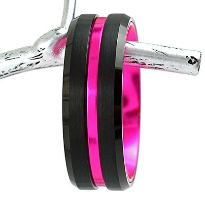Engraved Personalized 6mm/8mm Brushed Satin Finish Black Tungsten Carbide Band Ring with Hot Pink Stripe & Hot Pink Anodized Aluminum Comfort Fit Inner Band.