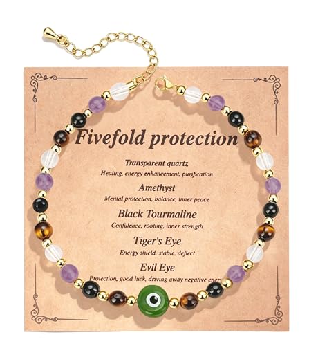ROYONE Evil Eye Bracelets - 5 Healing Crystals Gift Set，Adjustable Natural Stone Jewelry for Anxiety Relief & Good Luck - color: green