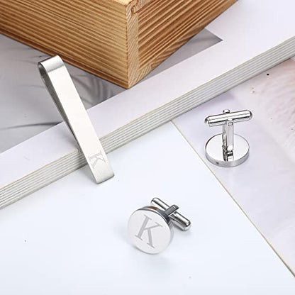 Initial Cuff Links Mens and Tie Clips for Men | Classic Silver Letter Alphabet A-Z Cufflinks and Tie Bar Set, Gifts for Men Father Husband for Formal Business Wedding - style: K
