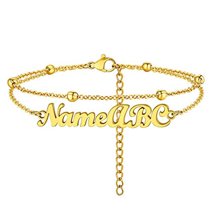 PROSTEEL Trendy Handcuffs Design/Customize Words Ankle Bracelet For Women, 316L Stainless Steel Anklets Silver/Gold/Black Tone, Hypoallergenic, Come with Box - style: 05 Customize-Bead Chain(8.5"-10.5")-Luxury Gold