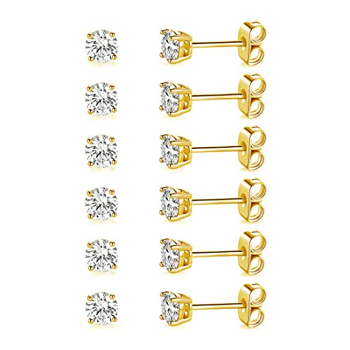 MDFUN Hypoallergenic CZ Stud Earrings Set for Women/Men,6 Pairs 18K Gold Plated Round 3-8mm Clear Cubic Zirconia Earring Pack Jewelry Gift - color: Yellow gold-5mm-6 pairs