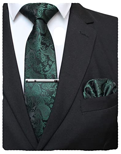 JEMYGINS Mens Solid Color Paisley Necktie and Pocket Square with Tie Clip Sets - color: Dark Green