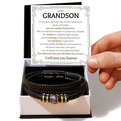 To My GrandSon Bracelet – Love You Forever Braided Leather Bracelet, Meaningful GrandSon Gift from Grandpa & Grandma with Heartfelt Message Card & Elegant Gift Box for Birthday, Christmas - color: Version#8