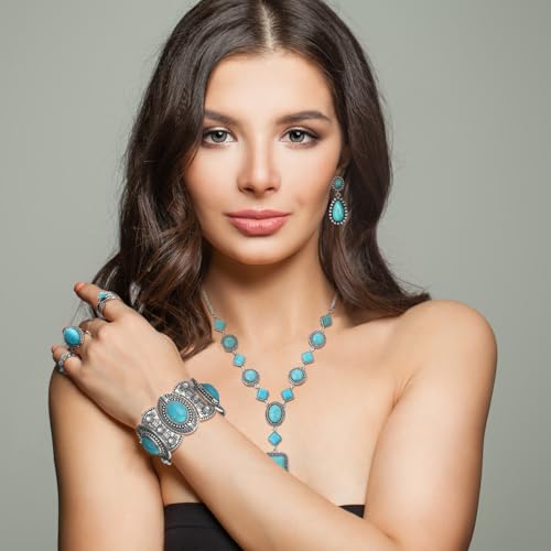 Ecally Bohemian Western Jewelry Turquoise Set Women Country Pendant Long Choker Layered Bracelets Earrings Ring for Women - color: Turquoise, style: Bright