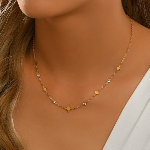 Dainty Necklaces with CZ Inlaid Minimalist Stackable Fashion Gifts - color: Eight-pointed Star-GD