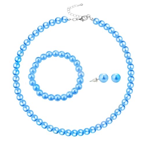 xuzhiyuan 10mm Faux Pearl Jewelry Set for Women, Classic 3-Piece Necklace Bracelet and Earring Set, Hypoallergenic Fashion Jewelry Gift for Mom Wife - color: Blue
