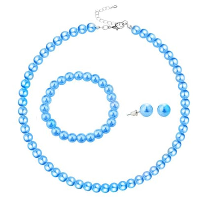xuzhiyuan 10mm Faux Pearl Jewelry Set for Women, Classic 3-Piece Necklace Bracelet and Earring Set, Hypoallergenic Fashion Jewelry Gift for Mom Wife - color: Blue
