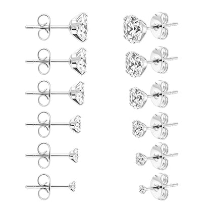 6/12 Pairs Silver Gold Stud Earrings Set for Women Men Cubic Zirconia 316L | Hypoallergenic, 14K Gold Plated Surgical Stainless Steel, 2 3 4 5 6 7 mm CZ Jewelry, Lightweight, Multiple Piercing - color: Sliver/6 Pair