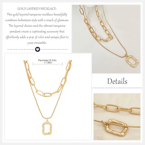 HUASAI Boho Necklaces for Women Dainty Layered Choker Necklace Bohemian Turquoise Necklace Statement Jewelry Western Cowgirl Country Concert Outfits Accessories - color: O Gold Square Necklace