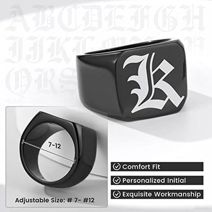 GoldChic Jewelry Personalized Signet Rings Men Women, Stainless Steel Custom Photo Bold Square/Oval Monogram/Old English Initial Pinky Stacking Statement Ring in Black/Silver/Gold (Size 7-14) - color: Black-Initial -Square