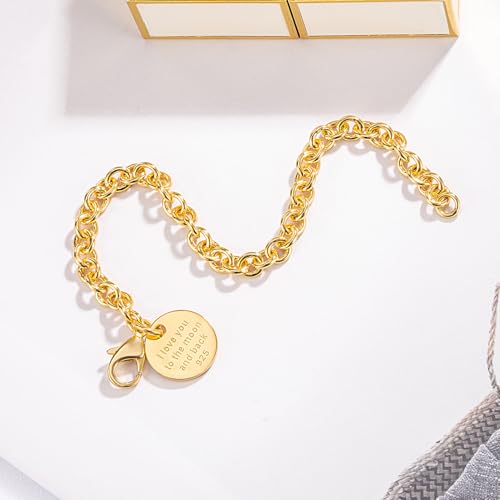 Dankadi Women 925 Sterling Silver Round Cable Wire Link Bracelet Charm Heart-Bell-Square-Circle Pendant Chain Bangle Fine Jewelry Gift For Wife Her - color: 6MM Gold Round Pendant, size: 6.7 in