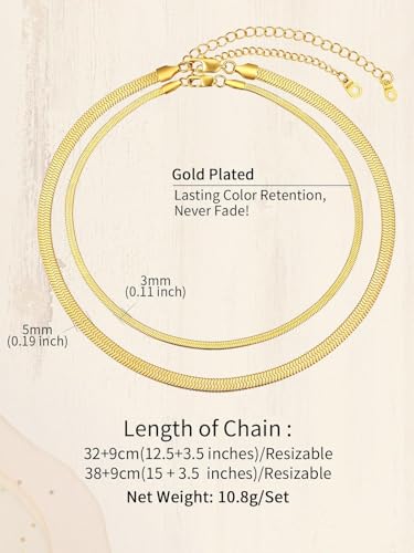 ChainsHouse Flat Snake Chain Herringbone Choker Necklace for Women, Stainless Steel/Rose Gold/18K Gold Plated Dainty Adjustable Simple Short Layered Necklaces, 12"/15"/18" with 3.5" Extender - color: b. layered-3mm+5mm-14k gold plated