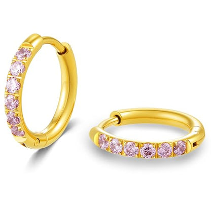 Hypoallergenic Unisex Surgical Steel Small Cubic Zirconia Huggie Hoop Earring, Color Gold - Silver - Rose Gold - Black - Rainbow, Size 6mm- 12mm Safe for Sensitive Ear - style: 10MM Gold Hoops, Pink CZ
