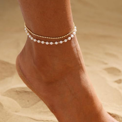 ASCOMY Ankle Bracelets for Women 14K Gold/Silver Plated Anklets for Women Waterproof Layered Cute Beads Dot Shining Twist Rope Chain Pearl Bar Link Heart Anklets Summer Beach Foot Chain Jewelry Gifts - style: Pearl Beads-GD