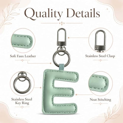 Initial Letter Keychain,Stainless Steel,Colorful Faux Leather Keyring for Backpack,Purse,Car Keys,Gift for Men Women - color: E