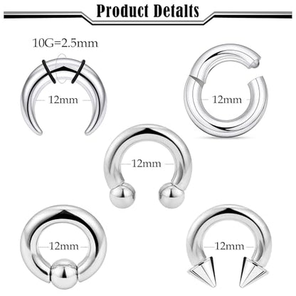 Septum Rings 16G 14G 12G 10G 8G 6G 4G 2G Surgical Steel Septum Stretching Kit Septum Pincher Tapers Gauge Kit Nose Ring Hoop Horseshoe Helix Tragus Daith Rook Piercing Jewelry for Women Men - style: 10G(2.5mm)-Inner Dia:12mm