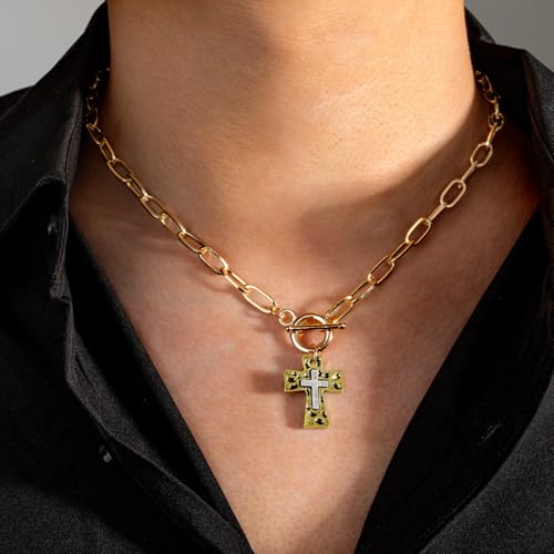 Chunky Cross Necklace for Women,Gold Silver Layered Hammered Cross Pendant Necklace Statement Paperclip Toggle Charm Chain Herringbone Snake Choker Christian Jewelry Outfit Accessories - color: AGold Silver