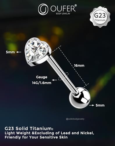 OUFER Titanium Tongue Piercing Jewelry, 14G Internaly Thread Tongue Rings for Women, Clear CZ Heart Shaped Body Piercing Jewelry-16mm