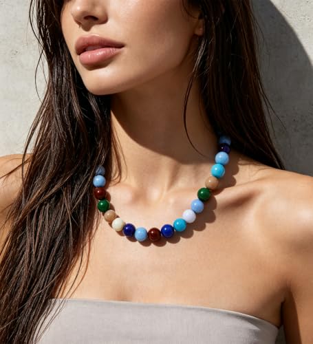 Chunky Beaded Necklace for Women 16mm Round Bead Resin Modern Statement Necklace Jewelry Accessories - color: colorful 03
