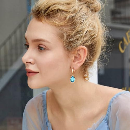Crystals Teardrop Dangle Drop Earrings, 18K Gold Plated Hoop Earrings Zirconia Jewelry for Women Gifts - color: Blue