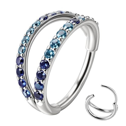 20/16G CZ Hinged Nose Rings Hoop, 316L Surgical Stainless Steel Cartilage Earring, Septum Clicker Ring, Daith Helix Rook Tragus Conch Lip Lobe Piercing Jewelry - color: A Silver Double Open Ring with Blue Silver CZ, size: 1pc 20 Gauge 10mm