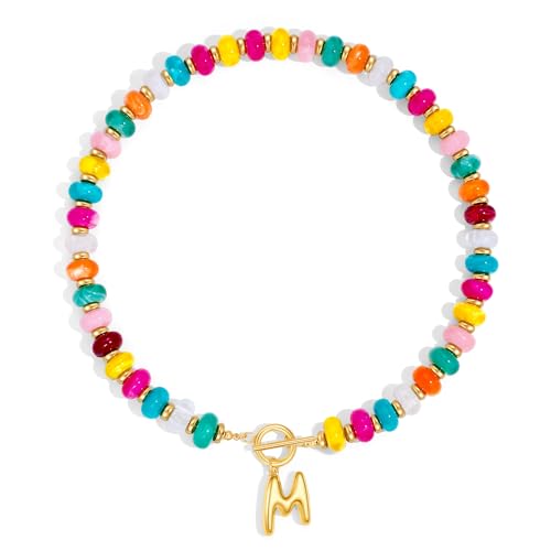 NIKOLUX Colorful Initial Necklaces for Women Chunky Resin Beaded Toggle Necklace 14K Gold Plated A-Z Bubble Letter Pendant Necklace Trendy Summer Beach Handmade Jewelry Gift - color: Colorful-M