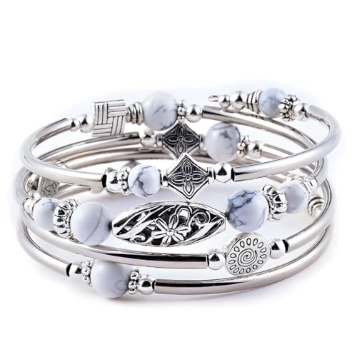 Boho Wrap Beaded Bracelet for Women – Handmade Natural Stone Jewelry – Stainless Steel Adjustable Ethnic Chic Gift - color: Natural White