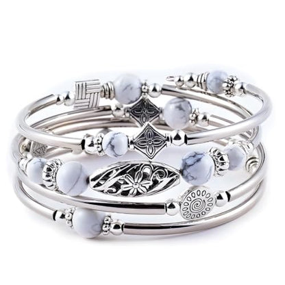 Boho Wrap Beaded Bracelet for Women – Handmade Natural Stone Jewelry – Stainless Steel Adjustable Ethnic Chic Gift - color: Natural White