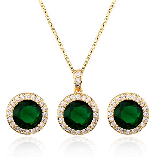 Bridal Crystal Jewelry Set - Sterling Silver Round Cubic Zirconia CZ Rhinestone Halo Birthstone Pendant Necklace Stud Earrings Set for Wedding Bride Bridesmaids Birthday Gift - color: Emerald Green