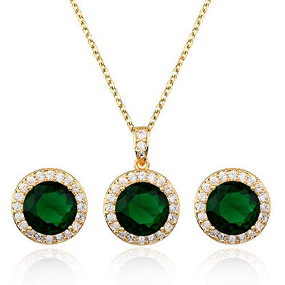 Bridal Crystal Jewelry Set - Sterling Silver Round Cubic Zirconia CZ Rhinestone Halo Birthstone Pendant Necklace Stud Earrings Set for Wedding Bride Bridesmaids Birthday Gift - color: Emerald Green